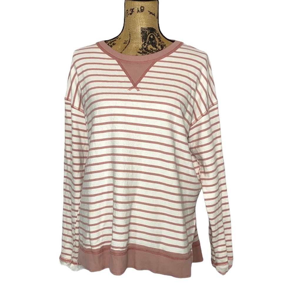 Pink Striped Retro Frayed Cuffs Pullover M